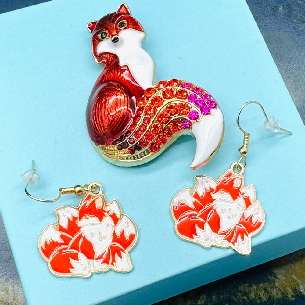 Made to Order 3PCS Set Fox Rhinestone Brooch with Pairs of Nine Tailed Earrings
